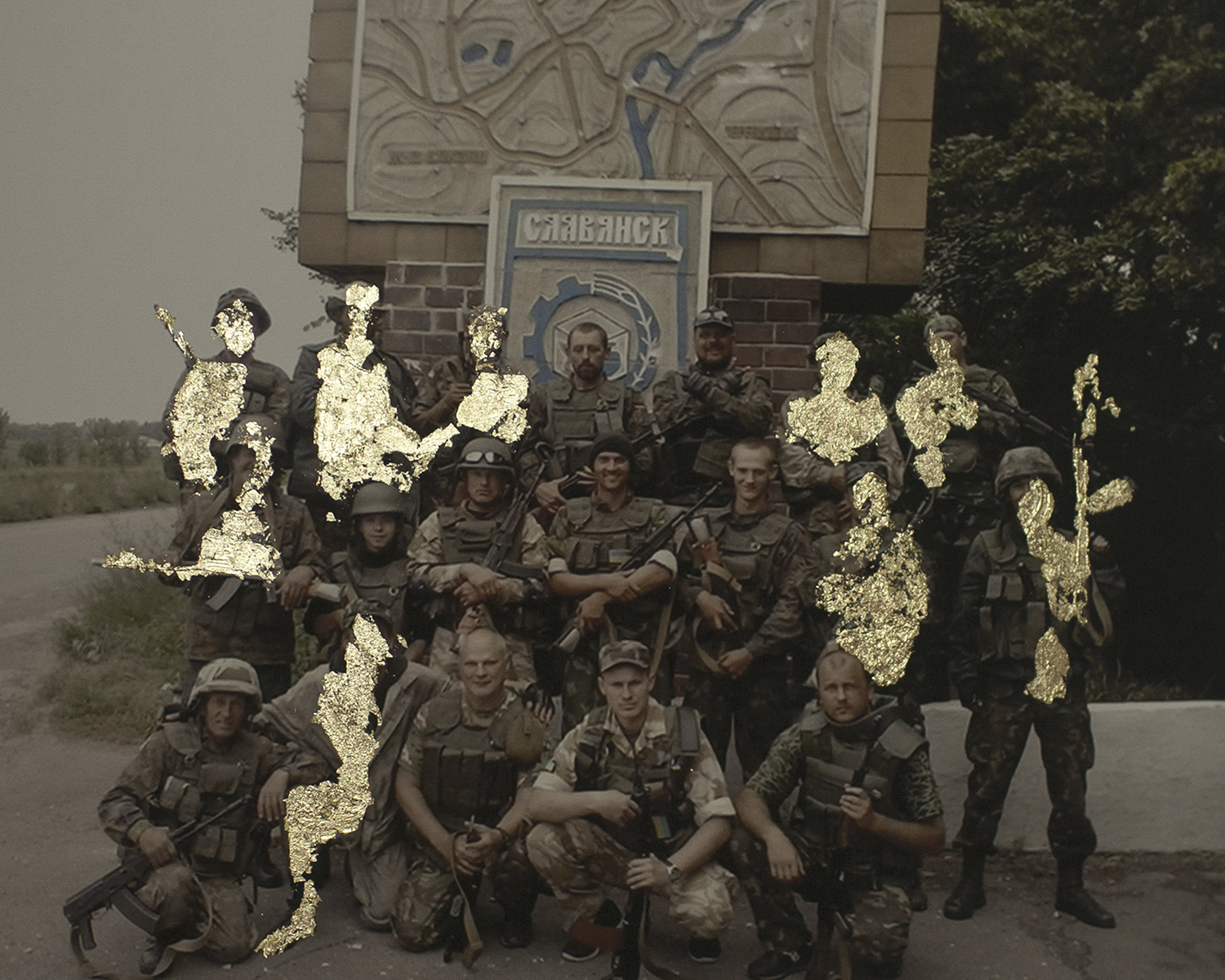 From the series “Sparks”: "The squad of nine killed and eight wounded (1)", from the Golden Collages series, based on a picture from soldier’s mobile phone, 2015-2016, inkjet print and gold leaves, 90x112 cm
