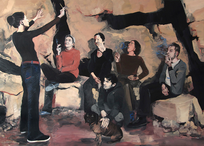 School of Smoking or A Concert in a Cave  (From left: Pola Dwurnik, Teresa Gierzyńska, Dorota Wnuk, Slawomir Elsner with his dog Gruna, Daniela Pfeil, Tomasz Kowalski), 2009, oil on canvas, 150x210 cm